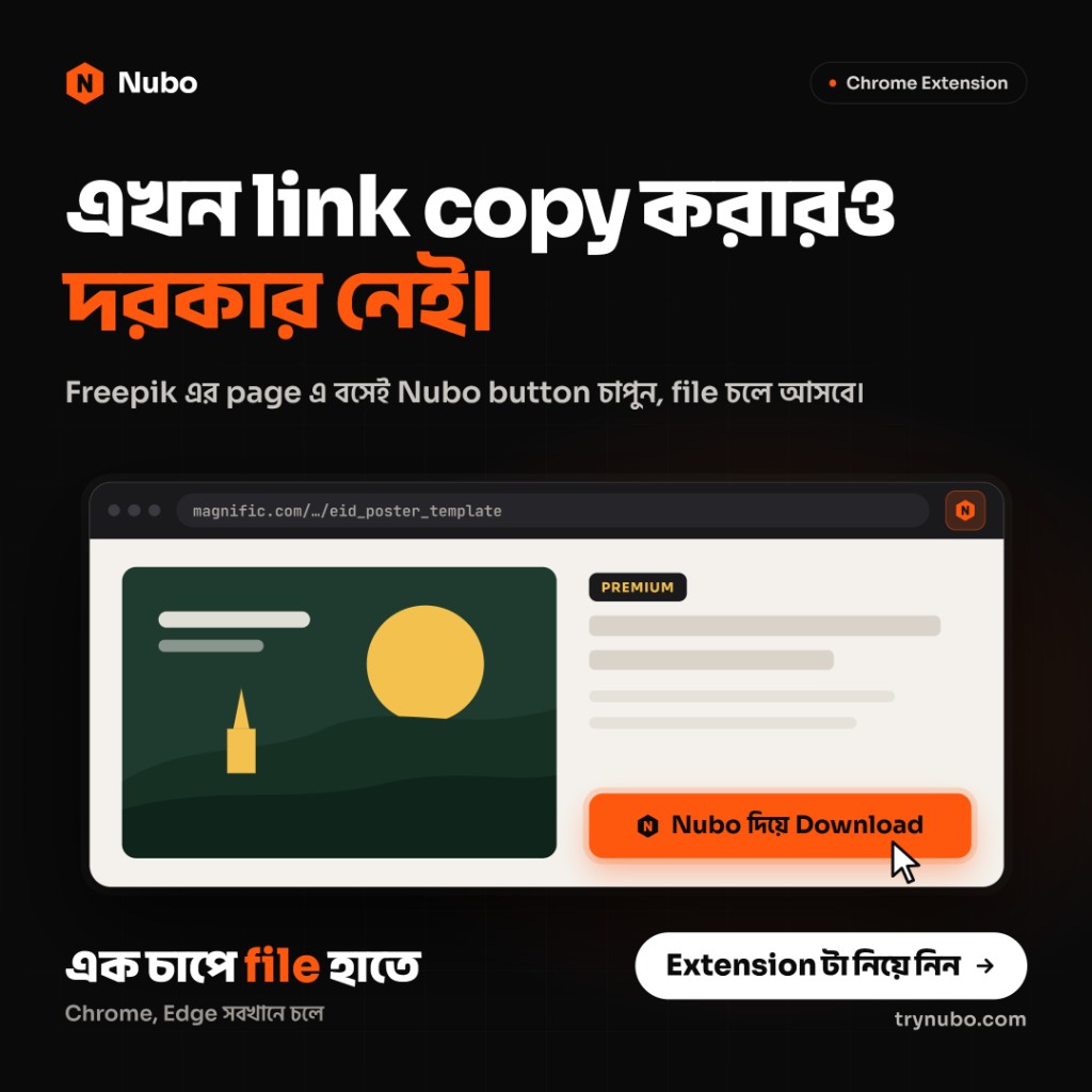 Nubo Chrome এক্সটেনশন। Magnific পেজে Nubo চাপলে ফাইল নেমে আসে। লিংক কপি করতে হয় না। Chrome আর Edge-এ চলে।
